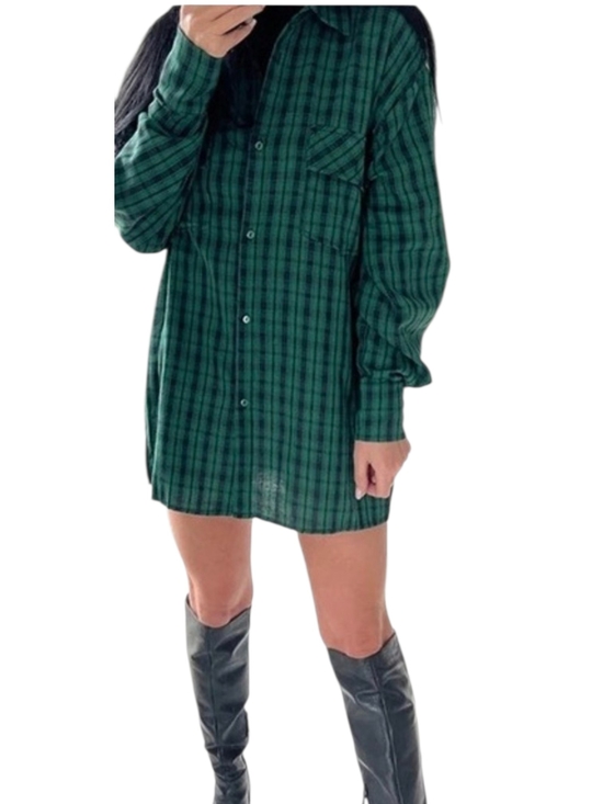 Tops - Green Plaid Button-Up Shirt Dress/Tunic Length Top Sz M